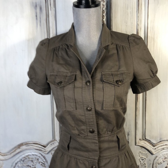 Silence & Noise Khaki Cotton Linen Blend Short Sleeve Button Down Safari Dress - Picture 4 of 13